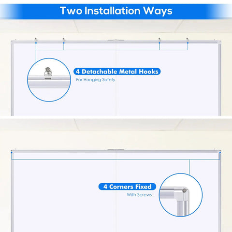 Pro Grade Wall Mounted Magnetic Whiteboard 72 By 48 Inches With Aluminum Frame showing installation options with hooks and screws.