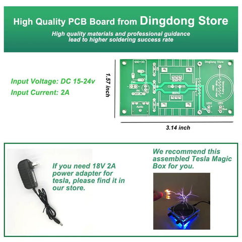 Mini 15W Tesla Coil Kit For DIY Electronics, Music Tesla Coil And Plasma Speaker, PCB dimensions shown with adapter and arc image