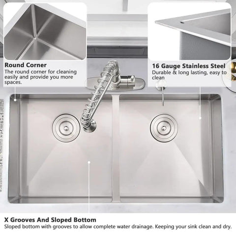 33 Inch Undermount Double Bowl Kitchen Sink Stainless Steel 16 Gauge Deep Basins With Cutting Board Rust Resistant Brushed Satin Finish Beefy Heavy Duty Design For Modern Kitchens