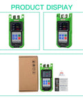 Live PON Optical Power Meter with 0.1 dB resolution, green casing, display screen, accessories, and packaging