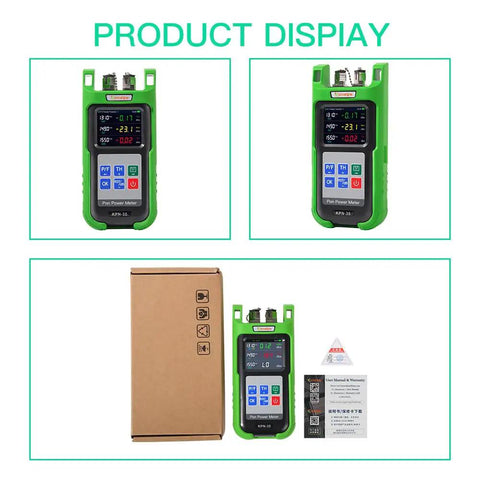 Live PON Optical Power Meter with 0.1 dB resolution, green casing, display screen, accessories, and packaging