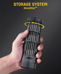 Slick Electric Screwdriver Set With Push To Release Trigger And RevoStor Magnetic Rotation Compact Precision Driver Kit storage system held in hand.