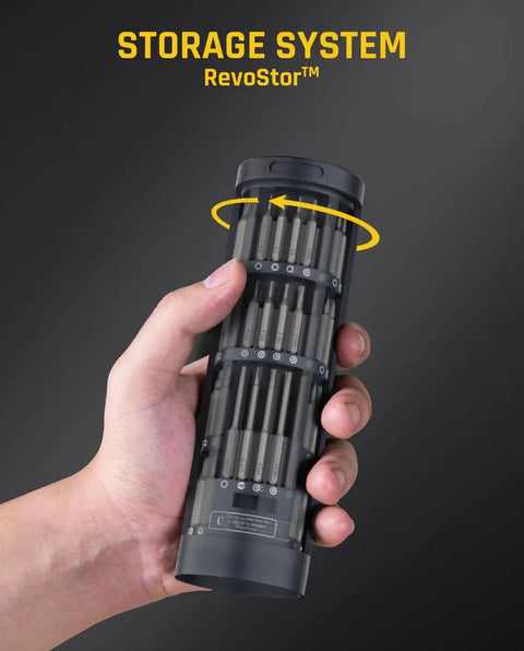 Slick Electric Screwdriver Set With Push To Release Trigger And RevoStor Magnetic Rotation Compact Precision Driver Kit storage system held in hand.