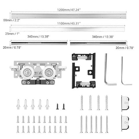 Hidden Barn Door Hardware Kit With 48 Inch Track System Heavy Duty Quiet Roll Interior Door Track Kit components and measurements