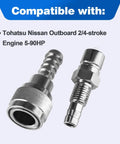 Five Sixteenth Inch Fuel Connector For Tohatsu Nissan Outboard Two Four Stroke Engines Five To Ninety HP Replaces Three B Two Seven Zero Six Zero One And Three B Two Seven Zero Five Zero One No Fuss Plug And Play Diy Friendly Easy Install image showing connector details and compatibility list