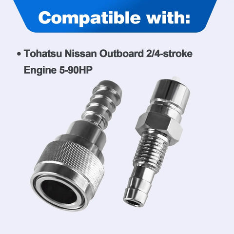 Five Sixteenth Inch Fuel Connector For Tohatsu Nissan Outboard Two Four Stroke Engines Five To Ninety HP Replaces Three B Two Seven Zero Six Zero One And Three B Two Seven Zero Five Zero One No Fuss Plug And Play Diy Friendly Easy Install image showing connector details and compatibility list