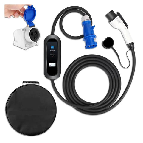 Portable Level 2 EV Charger With 10A 16A 20A 24A 32A Options CEE Plug IP67 Waterproof Wallbox Style Cable and Case