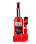 Heavy Duty Top Shelf Rock Solid Two Ton Hydraulic Bottle Jack Smooth Manual Car Lift For Garage And Shop Safe Vertical Design Space Saving No Sweat Auto Repair Tool, red steel design.