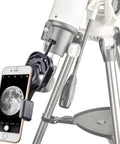 Universal Smartphone Telescope Adapter Mount with phone capturing moon image, attached to telescope, adjustable 55mm to 85mm width.