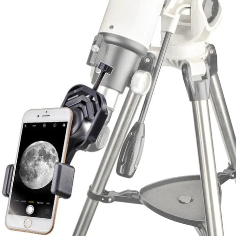 Universal Smartphone Telescope Adapter Mount with phone capturing moon image, attached to telescope, adjustable 55mm to 85mm width.