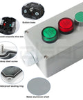 Front view of metal push-button control box with green and red round buttons; explosion-proof, waterproof aluminum shell.