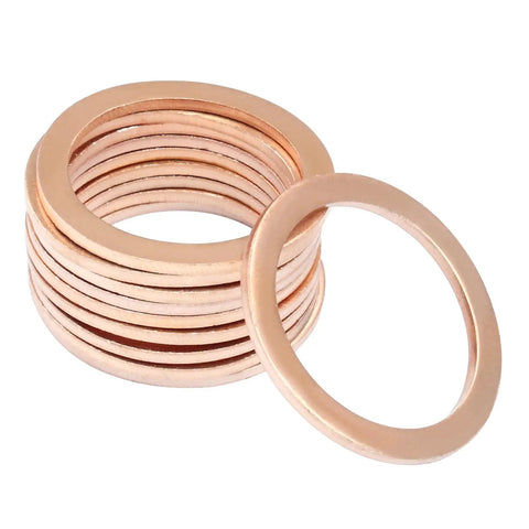 Top Shelf Copper Flat Washers 22 X 28 X 1.5mm Crimp Seal Discs stacked for drain plugs and hose fittings.