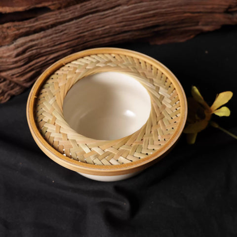 Handcrafted Bamboo Pour Over Coffee Dripper With Secure Fixed Drip Tray And Reusable Cone Filter For Smooth One To Three Cup Daily Brew Sessions, top view of dripper with woven bamboo design.