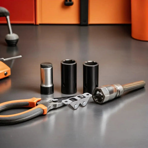 Tough As Nails Mini Fixed Directional Caster Wheels With Double Row Dual Wheel Design In Carbon Steel Brown Finish Set Of Four Half Inch Super Compact Hardware For DIY Projects And Mobile Desks on a workbench with tools.