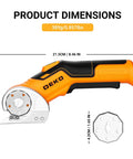 Portable Cordless Electric Scissors For Cutting Cardboard And Carpet, DEKOPRO dimensions showing 21.5cm length and 9.5cm height.