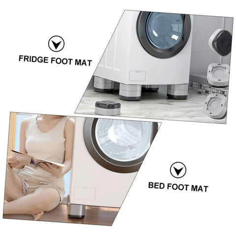 Close-up of 4 Pack Silicone Washing Machine Feet Pads, Anti Slip Leg Pads for Vibration Control, beneath a washing machine.