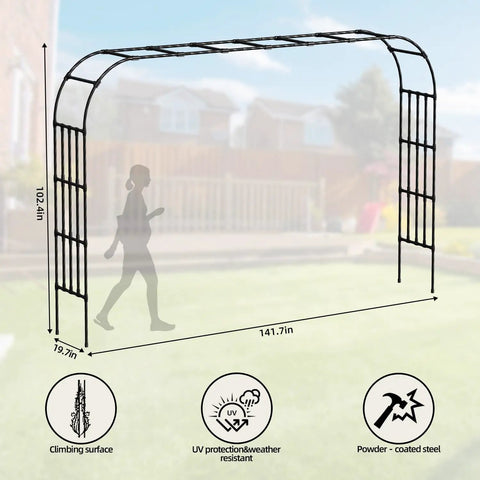 Diagram of Ultra Wide Garden Arch Trellis 11.75ft by 8.53ft Sturdy Metal Outdoor Arbor dimensions and features.
