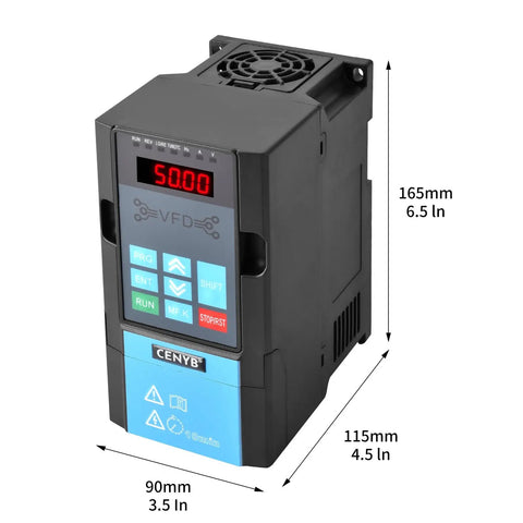 Front view of Beefy 2.2 kW VFD For CNC Spindle Speed Control with digital display and buttons, dimensions shown.