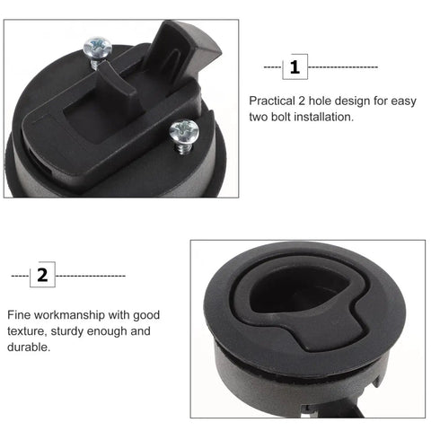 2-Inch Black UV Stabilized Flush Mount Slam Latch With Recessed Handle Ring, top and bottom views, weatherproof plastic design