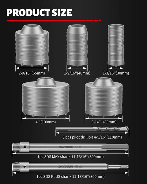 Concrete Hole Saw Kit 10 Piece With SDS Plus And SDS Max Shank Adapters shown with 5 core drill bits sizes 1-3/16 to 4 inches