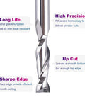 Close-up of SpeTool 1/4 in up-cut spiral router bit, solid carbide, 1/4 in shank for woodworking