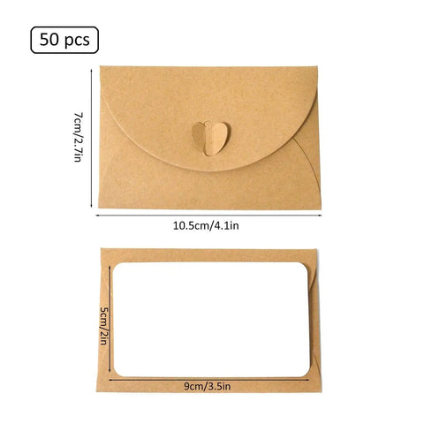 50 pcs Kraft envelopes with heart closure, 10.5cm by 7cm size, part of 60 Pack Kraft Holiday Greeting Cards With V Flap Envelopes