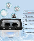 Hassle Free 45KHz Ultrasonic Jewelry Cleaner with six time modes, 900ml stainless steel unit for cleaning eyeglasses and rings.
