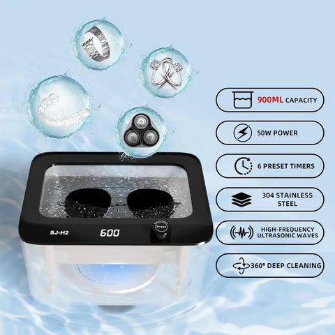 Hassle Free 45KHz Ultrasonic Jewelry Cleaner with six time modes, 900ml stainless steel unit for cleaning eyeglasses and rings.