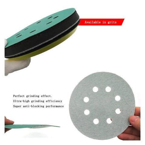 Get Fresh 40 Pc Green Hook And Loop Sanding Discs For Power Tools 5 Inch 125mm showcasing venting holes and peel-and-switch backing.