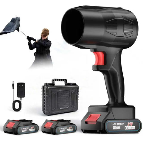 21V Cordless Leaf Blower with 990000 RPM Brushless Motor, fast charger, dual 6000mAh batteries, and storage box included