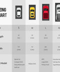 Containment Mat sizing chart for garage floor 7 foot 9 inch by 16 foot with car illustrations and dimensions for S to XL sizes.