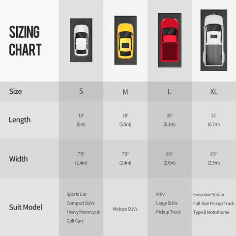 Containment Mat sizing chart for garage floor 7 foot 9 inch by 16 foot with car illustrations and dimensions for S to XL sizes.