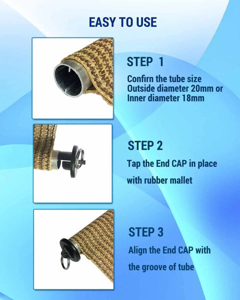 Step-by-step guide for Built Tough Outdoor Roller Shade Bungee Kit installation. Shows tube insertion, end cap placement, alignment.