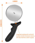 Stainless Steel Pizza Cutter Wheel 9.33 Inch Heavy Duty Rolling Slicer With Finger Guard, close-up on 4-inch blade and handle.