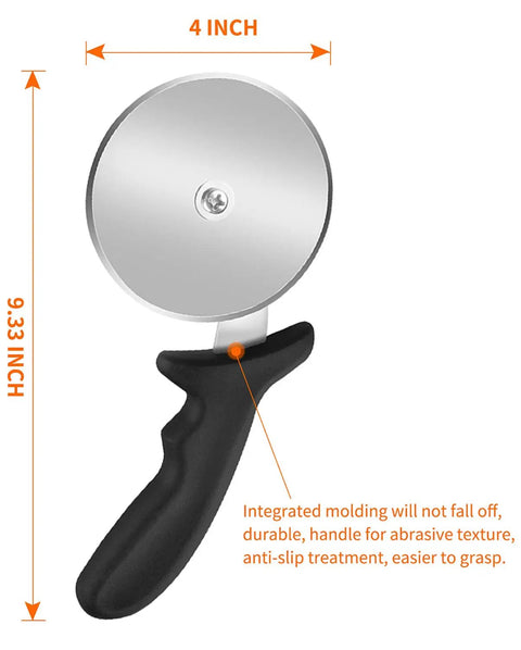 Stainless Steel Pizza Cutter Wheel 9.33 Inch Heavy Duty Rolling Slicer With Finger Guard, close-up on 4-inch blade and handle.