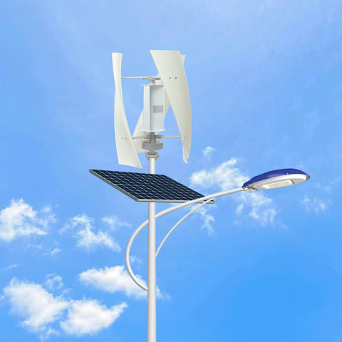 100W Vertical Axis Wind Turbine Kit For Home Power With Controller And 4 Blade Permanent Magnet Generator Built For Hybrid Solar Wind Systems That Delivers Plug And Play Power Quiet Durable Performance White 12V Wind Turbine installed on a pole with blue sky background