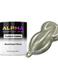 Premium Aluminized Silver Basecoat Midcoat One Gallon 128 Oz Ready To Spray Auto Paint With Medium Reducer next to a silver paint sample.