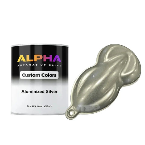 Premium Aluminized Silver Basecoat Midcoat One Gallon 128 Oz Ready To Spray Auto Paint With Medium Reducer next to a silver paint sample.