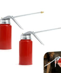 Top Shelf Cold Rolled Steel Hand Pump Oil Cans, 2 Pack Leak Proof 200 Milliliter Portable Grease Lubricator For Cars And Motorcycles, Runs Smooth As Butter Guaranteed in red color with metal nozzle.