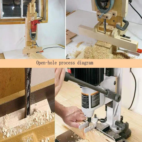 Open-hole process diagram showing Built Tough Three Quarter Inch Square Hole Drill Bits Mortising Chisel Set in use.