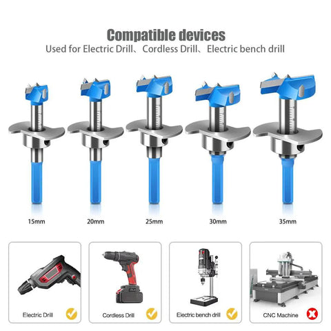 Five Piece Carbide Tipped Forstner Drill Bit Set With Hex Shank And Adjustable Sizing For Sweet Woodworking Crushes Through Hardwood Softwood Plastic And Plywood No Sweat On Any Project - assorted sizes from 15mm to 35mm.