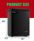 DEMULLER 3.5 cu ft black chest freezer with digital temperature display panel.