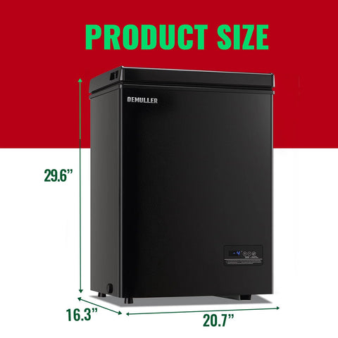 DEMULLER 3.5 cu ft black chest freezer with digital temperature display panel.