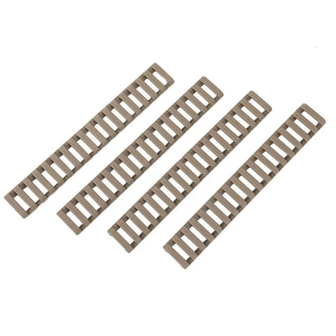 4 Pack Rifle Picatinny Rail Covers Rubber Tan And Black, Heat Resistant Polymer, Non Slip Grip, shown on white background
