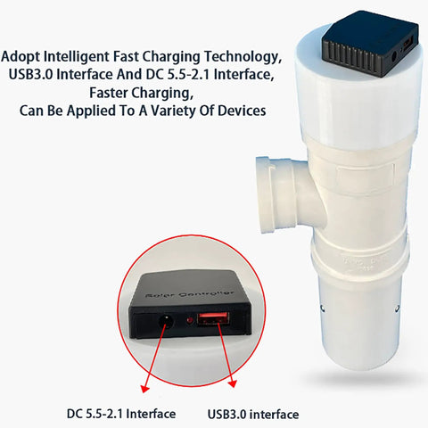 50W Pipeline Spiral Hydroelectric Generator For Outdoor Use, Micro Hydroelectric Power Generator, Permanent Magnet Brushless Turbine, 1-15V Output, USB Fast Charging And DC Output, Perfect For Charging And Lighting, 343mm, showing USB3.0 and DC interfaces