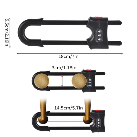 Four Pack Heavy Duty U Shape Cabinet Locks With Adjustable Password Latches dimensions showing 18cm length, black ABS material.