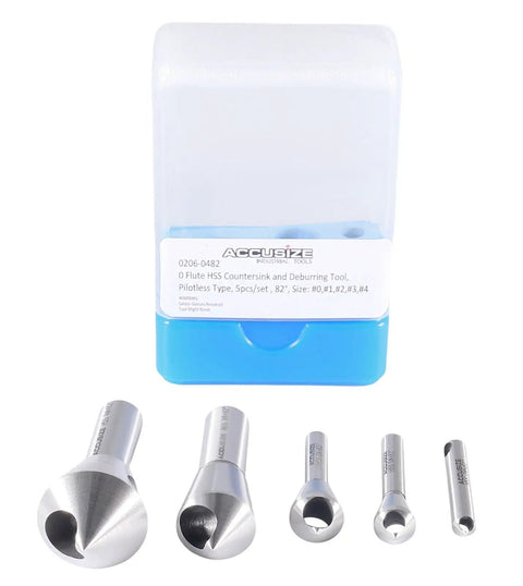 Five Piece 82 Degree Zero Flute HSS Countersink And Deburring Tool Set Pilotless Type For Clean Countersinking And Minimal Chatter