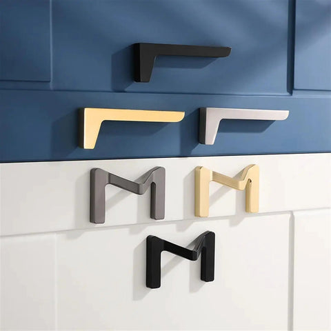 Dope Brushed Gold Cabinet Handles 64mm Drawer Pulls For Wardrobes And Furniture on blue and white drawers