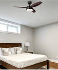 42 Inch Modern Indoor Ceiling Fan With Dimmable Light Kit And Remote Control, Reversible Blades, ETL Listed For Living Room, Bedroom, Basement, Kitchen In Oil Rubbed Bronze displayed in a bedroom setting