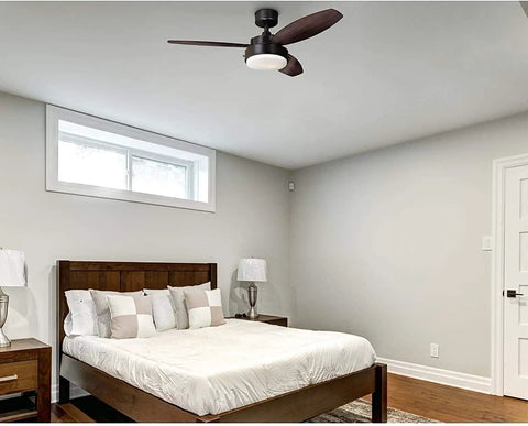 42 Inch Modern Indoor Ceiling Fan With Dimmable Light Kit And Remote Control, Reversible Blades, ETL Listed For Living Room, Bedroom, Basement, Kitchen In Oil Rubbed Bronze displayed in a bedroom setting